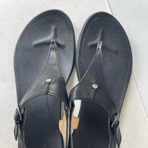 Olukai Eheu Black Leather Slingback Flip Flop Open Toed Sandal